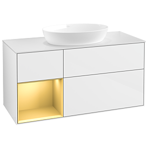 Villeroy et Boch Finion Villeroy et Boch GA61HFGF 120cm, plaque de recouvrement blanc mat, Emotion, étagères laqué or mat, laqué blanc brillant