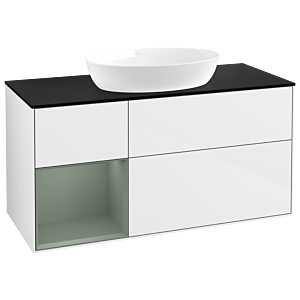 Villeroy und Boch Finion Waschtischunterschrank GA62GMGF 120cm, Abdeckplatte black matt, Emotion, Regale Olive matt lacquer, Glossy white lacquer