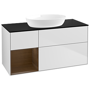 Villeroy und Boch Finion Waschtischunterschrank GA62GNMT 120cm, Abdeckplatte black matt, Emotion, Regale Walnut Veneer, White matt lacquer