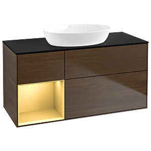 Villeroy und Boch Finion Waschtischunterschrank GA62HFGN 120cm, Abdeckplatte black matt, Emotion, Regale Gold matt lacquer, Walnut veneer