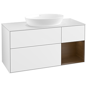 Villeroy und Boch Finion Waschtischunterschrank GA71GNGF 120cm, Abdeckplatte white matt, Emotion, Regale Walnut Veneer, Glossy white lacquer