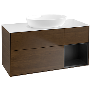 Villeroy et Boch Finion Villeroy et Boch GA71PDGN 120cm, plaque de recouvrement blanc mat, Emotion, étagères laqué noir mat, placage noyer