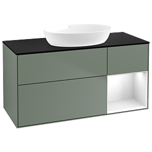 Villeroy et Boch Finion GA72GFGM 120cm, plaque de recouvrement noir mat, Emotion, étagères Laque blanche brillante, Olive Matt Lacquer