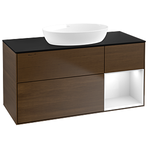 Villeroy und Boch Finion Waschtischunterschrank GA72GFGN 120cm, Abdeckplatte black matt, Emotion, Regale Glossy white lacquer, Walnut veneer