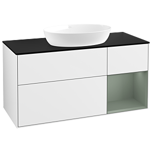 Villeroy und Boch Finion Waschtischunterschrank GA72GMGF 120cm, Abdeckplatte black matt, Emotion, Regale Olive matt lacquer, Glossy white lacquer