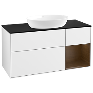 Villeroy und Boch Finion Waschtischunterschrank GA72GNGF 120cm, Abdeckplatte black matt, Emotion, Regale Walnut Veneer, Glossy white lacquer