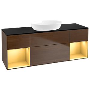 Villeroy und Boch Finion Waschtischunterschrank GD02HFGN 120cm, Abdeckplatte black matt, Emotion, Regale Gold matt lacquer, Walnut veneer
