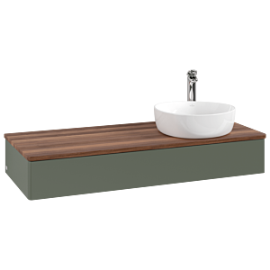 Meuble vasque Villeroy &amp; Boch Antao K12052HL 120 x 19 x 50 cm, percé pour robinetterie, plan vasque couleur noyer chaud, laque mate vert feuille