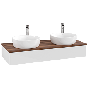 Villeroy &amp; Boch Antao vanity unit K13052GF 120x19x50cm, tap hole, washbasin top color warm walnut, glossy white lacquer