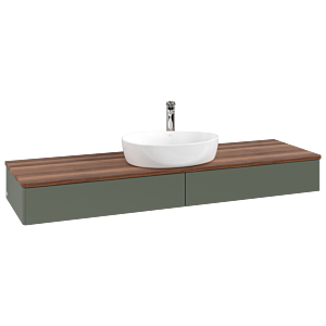 Meuble vasque Villeroy &amp; Boch Antao K14052HL 160 x 19 x 50 cm, percé pour robinetterie, plan vasque couleur noyer chaud, laque mate vert feuille