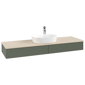 Meuble vasque Villeroy &amp; Boch Antao K14053HL 160 x 19 x 50 cm, percé pour robinetterie, plan vasque couleur Botticino, laque mate vert feuille