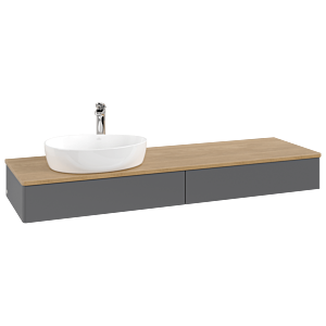 Meuble vasque Villeroy &amp; Boch Antao K15051GK 160 x 19 x 50 cm, percé pour robinetterie, plan vasque couleur chêne miel, laque anthracite mate