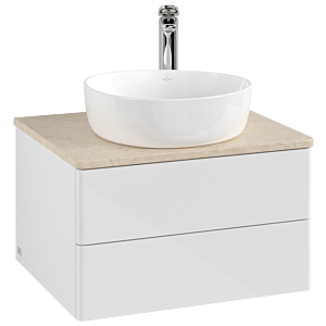 Meuble vasque Villeroy &amp; Boch Antao K18053GF 60 x 36 x 50 cm, percé pour robinetterie, plan vasque couleur Botticino, laque blanche brillante