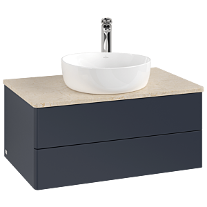 Meuble vasque Villeroy &amp; Boch Antao K19053HG 80 x 36 x 50 cm, percé pour robinetterie, plan vasque couleur Botticino, laque mate bleu nuit