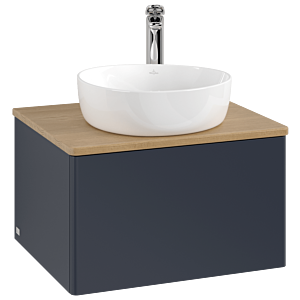 Meuble vasque Villeroy &amp; Boch Antao K29051HG 60x36x50cm, percé pour robinetterie, plan vasque couleur chêne miel, laque mate bleu nuit