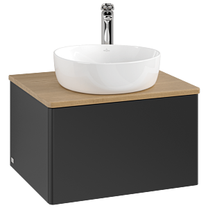 Meuble vasque Villeroy &amp; Boch Antao K29051PD 60 x 36 x 50 cm, percé pour robinetterie, plan vasque couleur chêne miel, laque noire mate
