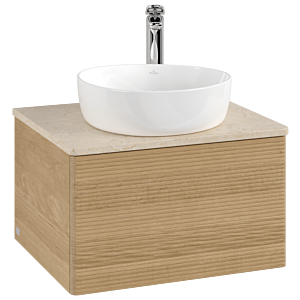 Meuble vasque Villeroy &amp; Boch Antao K29153HN 60 x 36 x 50 cm, percé pour robinetterie, plan vasque couleur Botticino, chêne miel
