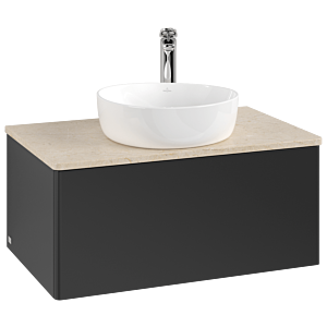 Meuble vasque Villeroy &amp; Boch Antao K30053PD 80 x 36 x 50 cm, percé pour robinetterie, plan vasque couleur Botticino, laque noire mate