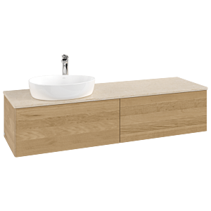 Meuble vasque Villeroy &amp; Boch Antao K37053HN 160 x 36 x 50 cm, percé pour robinetterie, plan vasque couleur Botticino, chêne miel
