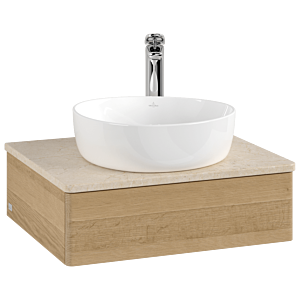 Villeroy und Boch Antao Waschtisch-Unterschrank L07053HN mit Beleuchtung, 60x19x50cm, Hahnloch, Waschbeckenplattenfarbe botticino, honey oak