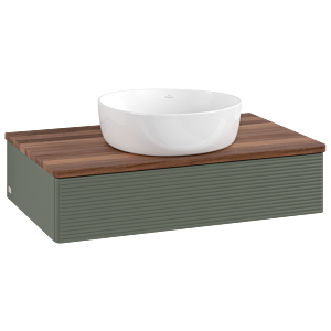 Villeroy und Boch Antao Waschtisch-Unterschrank L08112HL mit Beleuchtung, 1 Auszug, 800 x 190 x 500 mm, Front mit Struktur, Leaf Green Matt Lacquer / Warm Walnut