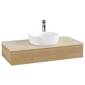 Villeroy und Boch Antao Waschtisch-Unterschrank L09153HN mit Beleuchtung mit Struktur, 100x19x50cm, Waschbeckenplattenfarbe botticino, honey oak