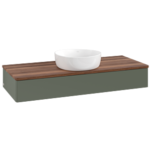 Meuble vasque Villeroy &amp; Boch Antao L10012HL 120 x 19 x 50 cm, plan vasque couleur noyer chaud, laque mate vert feuille
