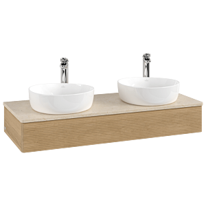 Meuble vasque Villeroy &amp; Boch Antao L13153HN avec éclairage et finition texturée, 120 x 19 x 50 cm, percé pour robinetterie, plan vasque couleur Botticino, chêne miel