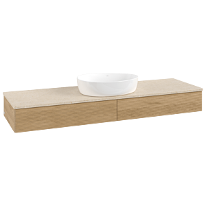 Meuble vasque Villeroy &amp; Boch Antao L14113HN avec éclairage et finition texturée, 160 x 19 x 50 cm, plan vasque couleur Botticino, chêne miel