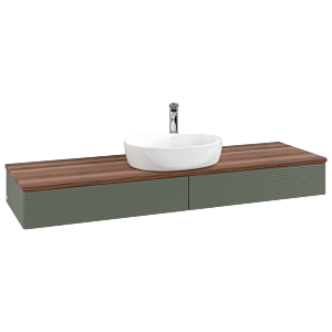 Meuble vasque Villeroy &amp; Boch Antao L14152HL avec éclairage et finition texturée, 160 x 19 x 50 cm, perçage robinetterie, plan vasque couleur noyer chaud, laque mate vert feuille