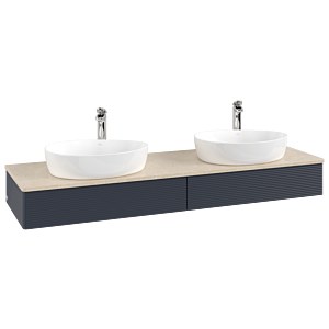 Meuble vasque Villeroy &amp; Boch Antao L17153HG avec éclairage et finition texturée, 160 x 19 x 50 cm, percé pour robinetterie, plan vasque couleur Botticino, laque mate bleu nuit