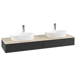 Villeroy und Boch Antao Waschtisch-Unterschrank L17153PD  mit Beleuchtung mit Struktur 160x19x50cm, Hahnlochbohrung, Waschbeckenplattenfarbe botticino, black matt lacquer
