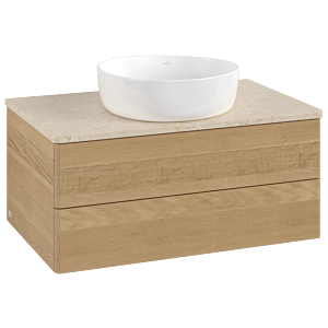 Villeroy &amp; Boch Antao vanity unit L19013HN with lighting, 80x36x50cm, washbasin top color botticino, honey oak
