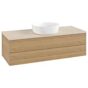 Meuble vasque Villeroy &amp; Boch Antao L21113HN avec éclairage et finition texturée, 120 x 36 x 50 cm, plan vasque couleur Botticino, chêne miel
