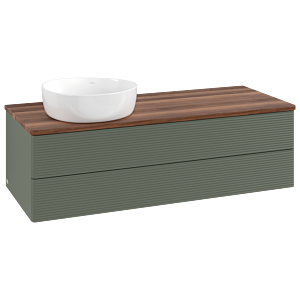 Meuble vasque Villeroy &amp; Boch Antao L22112HL avec éclairage et finition texturée, 120 x 36 x 50 cm, plan vasque couleur noyer chaud, laque mate vert feuille