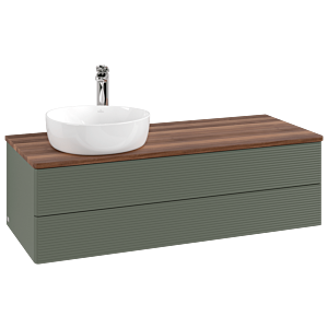 Villeroy und Boch Antao Waschtisch-Unterschrank L22152HL mit Beleuchtung, 2 Auszüge, 1200 x 360 x 500 mm, Front mit Struktur, Leaf Green Matt Lacquer / Warm Walnut