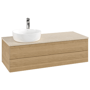 Meuble vasque Villeroy &amp; Boch Antao L22153HN 120 x 36 x 50 cm, percé pour robinetterie, plan vasque couleur Botticino, chêne miel