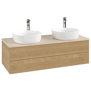Meuble vasque Villeroy &amp; Boch Antao L24053HN avec éclairage, 120 x 36 x 50 cm, percé pour robinetterie, plan vasque couleur Botticino, chêne miel