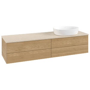 Villeroy &amp; Boch Antao vanity unit L27113HN with lighting and textured finish, 160x36x50cm, washbasin top color botticino, honey oak