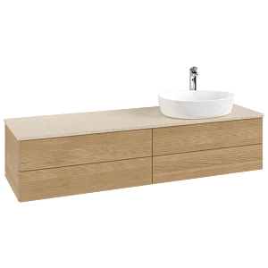 Villeroy und Boch Antao Waschtisch-Unterschrank L27153HN mit Beleuchtung mit Struktur, 160x36x50cm, Hahnloch, Waschbeckenplattenfarbe botticino, honey oak