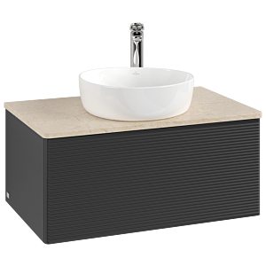 Villeroy &amp; Boch Antao vanity unit L30153PD with lighting, textured finish, 80x36x50cm, tap hole, washbasin top color botticino, black matt lacquer