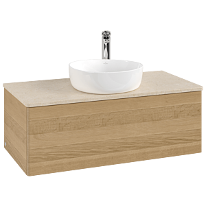 Villeroy &amp; Boch Antao vanity unit L31053HN with lighting, 100x36x50cm, tap hole, washbasin top color botticino, honey oak