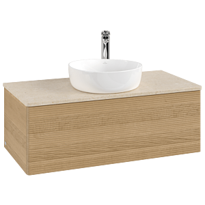 Villeroy &amp; Boch Antao vanity unit L31153HN with lighting and textured finish, 100x36x50cm, tap hole, washbasin top color botticino, honey oak
