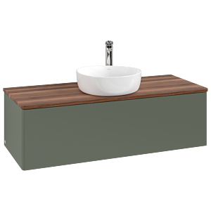 Meuble vasque Villeroy &amp; Boch Antao L32052HL 120 x 36 x 50 cm, percé pour robinetterie, plan vasque couleur noyer chaud, laque mate vert feuille