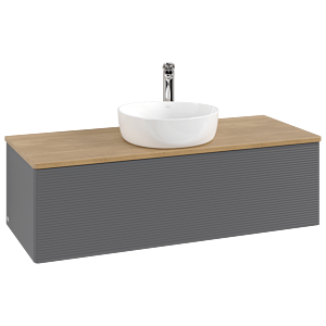 Villeroy und Boch Antao Waschtisch-Unterschrank L32151GK mit Beleuchtung mit Struktur, 120x36x50cm, Hahnloch, Waschbeckenplattenfarbe honey oak, anthracite matt lacquer