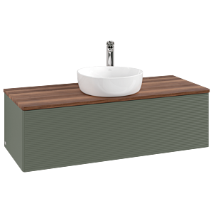 Meuble vasque Villeroy &amp; Boch Antao L32152HL avec éclairage, 1 tiroir, 1200 x 360 x 500 mm, façade texturée, laque mate Vert Feuille / Noyer Chaud
