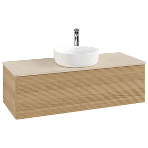 Villeroy &amp; Boch Antao vanity unit L32153HN with lighting and textured finish, 120x36x50cm, tap hole, washbasin top color botticino, honey oak