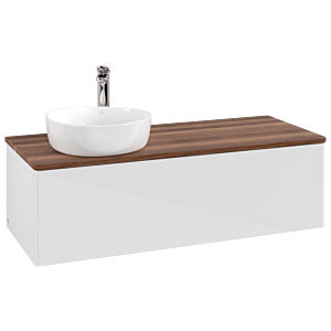 Villeroy und Boch Antao Waschtisch-Unterschrank L33052GF mit Beleuchtung, 120x36x50cm, Hahnloch, Waschbeckenplattenfarbe warm walnut, glossy white lacquer