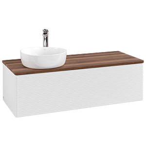 Villeroy &amp; Boch Antao vanity unit L33152GF with lighting, 1 drawer, 1200 x 360 x 500 mm, textured front, Glossy White Lacquer / Warm Walnut