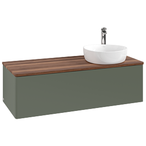 Villeroy &amp; Boch Antao vanity unit L34052HL with lighting, 120x36x50cm, tap hole, washbasin top color warm walnut, leaf green matt lacquer